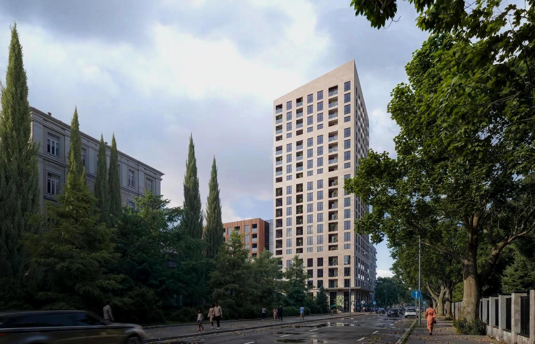 Complexe 2 blocs à Didube face au jardin Mushthaidi — 210 appartements, 3 400 m² d'espace vert, padel.