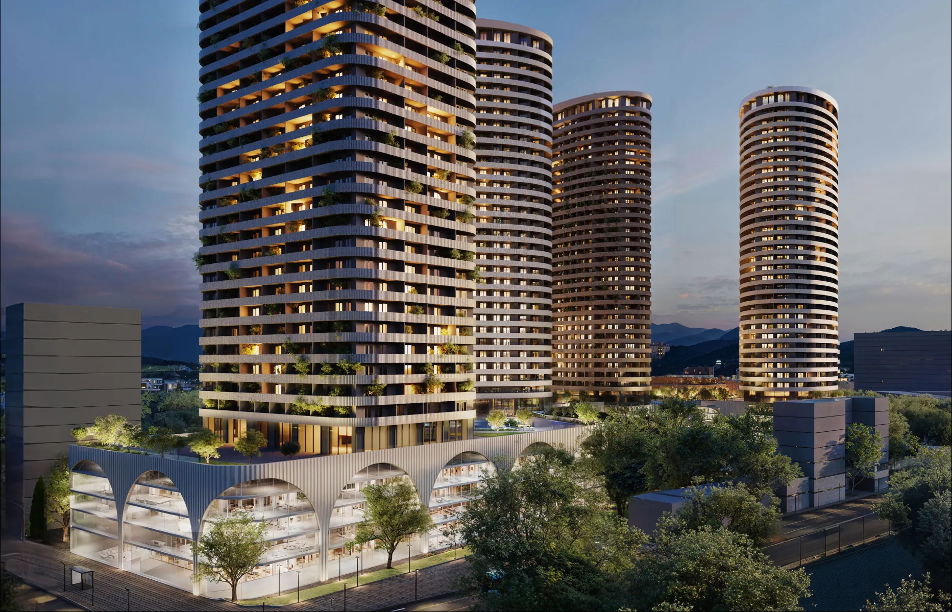4 tours résidentielles 36 étages à Isani — 8 000 m² d'espace récréatif, piscine, stade, padel.