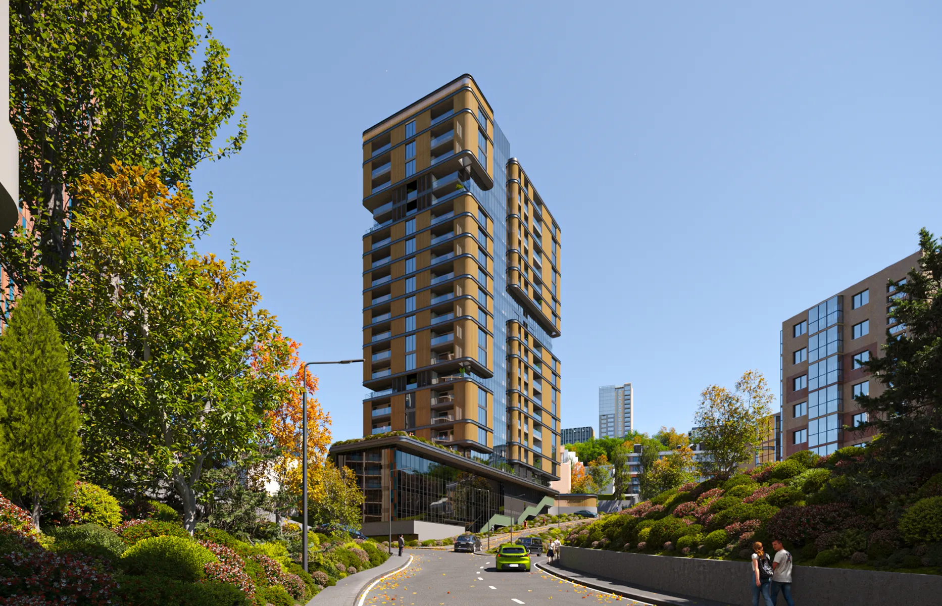 Résidentiel 23 étages à Saburtalo, à 9 min du métro Delisi — 184 appartements, padel, cour 1 250 m².