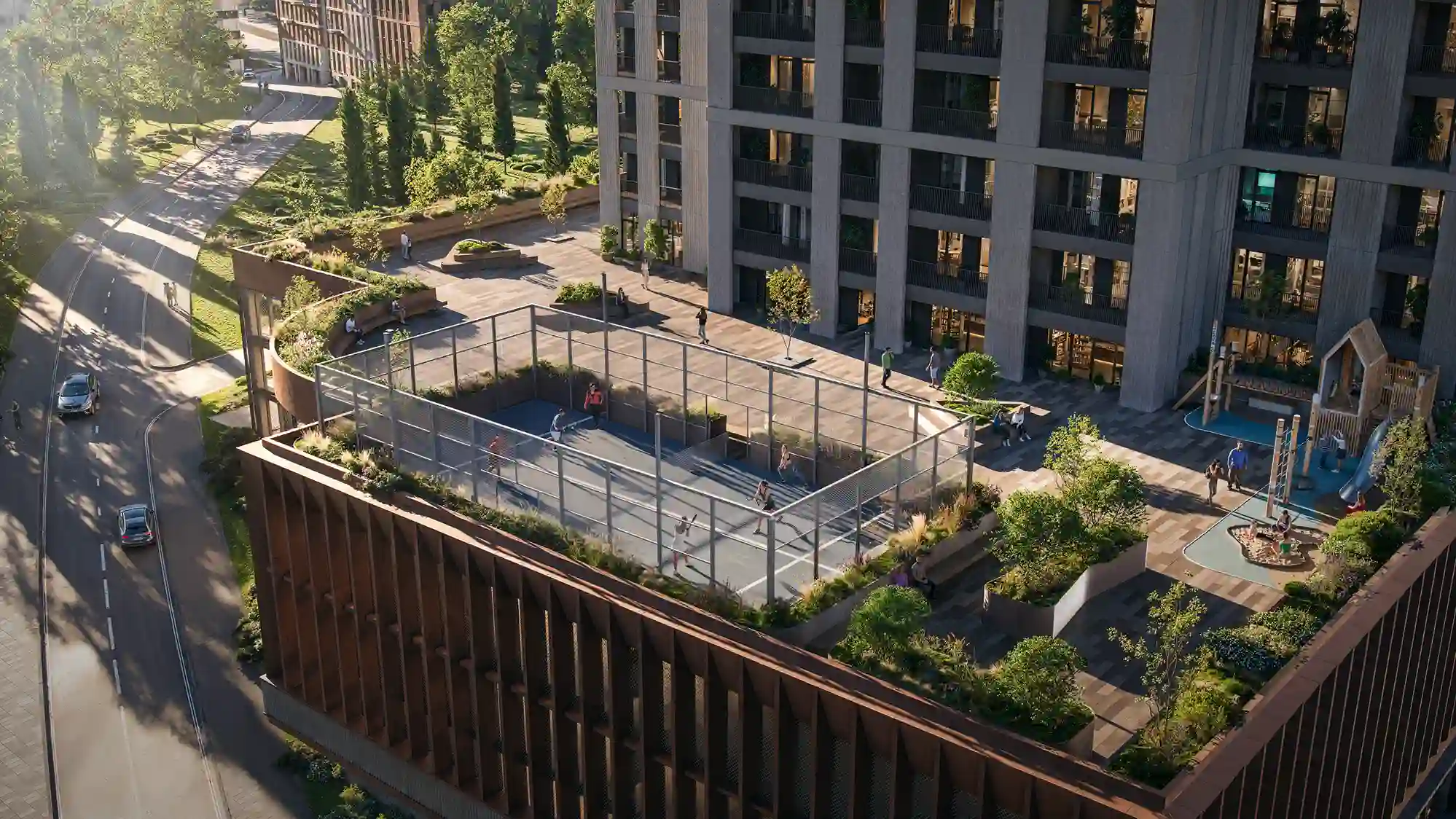 Tour 37 étages à Gldani, 7 min du métro Akhmeteli — 495 appartements, padel toiture, cour 800 m².